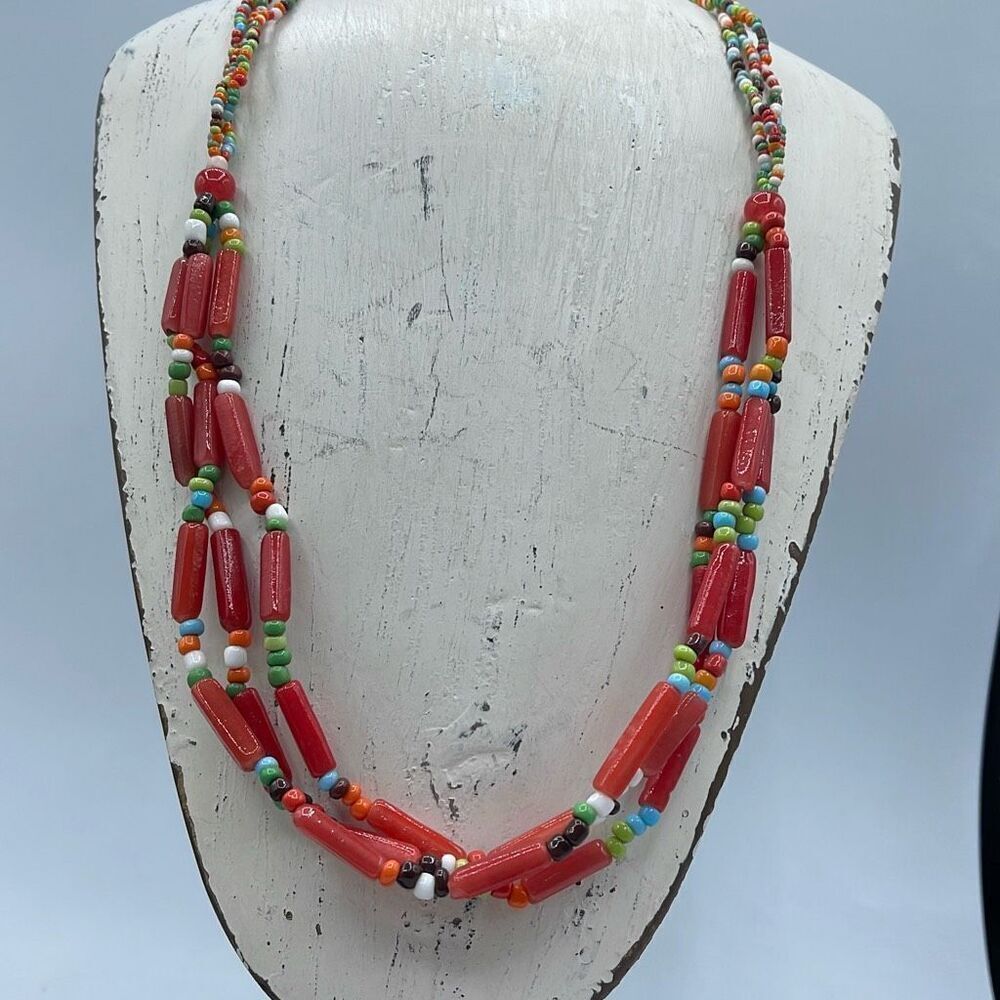 Artisan made tropical layered glass beaded necklace.